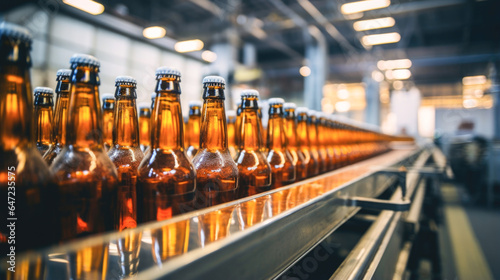 Fotografia Brewing and bottling beer in a glass bottle factory.