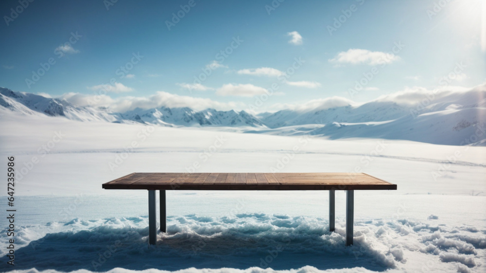 An empty wooden table on a blurred snowy mountain landscape background can be used to display or assemble your products. High quality photography, space for text.