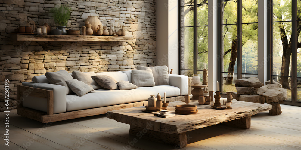 Minimalist interior design of modern living room with rustic accent pieces