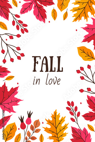 Autumn card or poster with leaves and berries. Vector graphics.