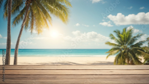 Wood floor deck on blur beach background - can be used for display or montage your products. High quality photo