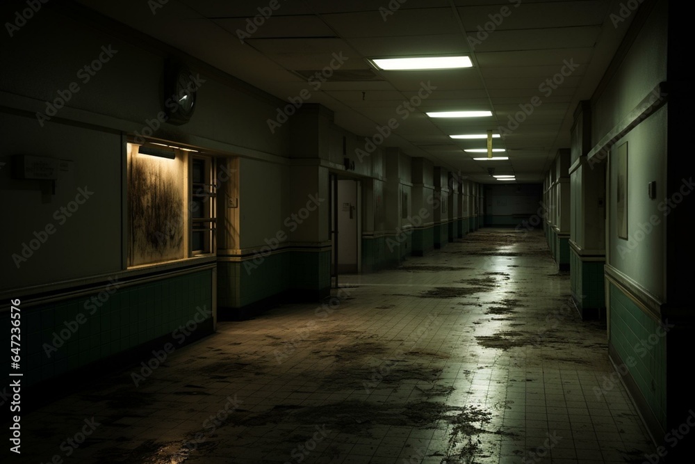 Dim-lit deserted hospital corridor. Generative AI