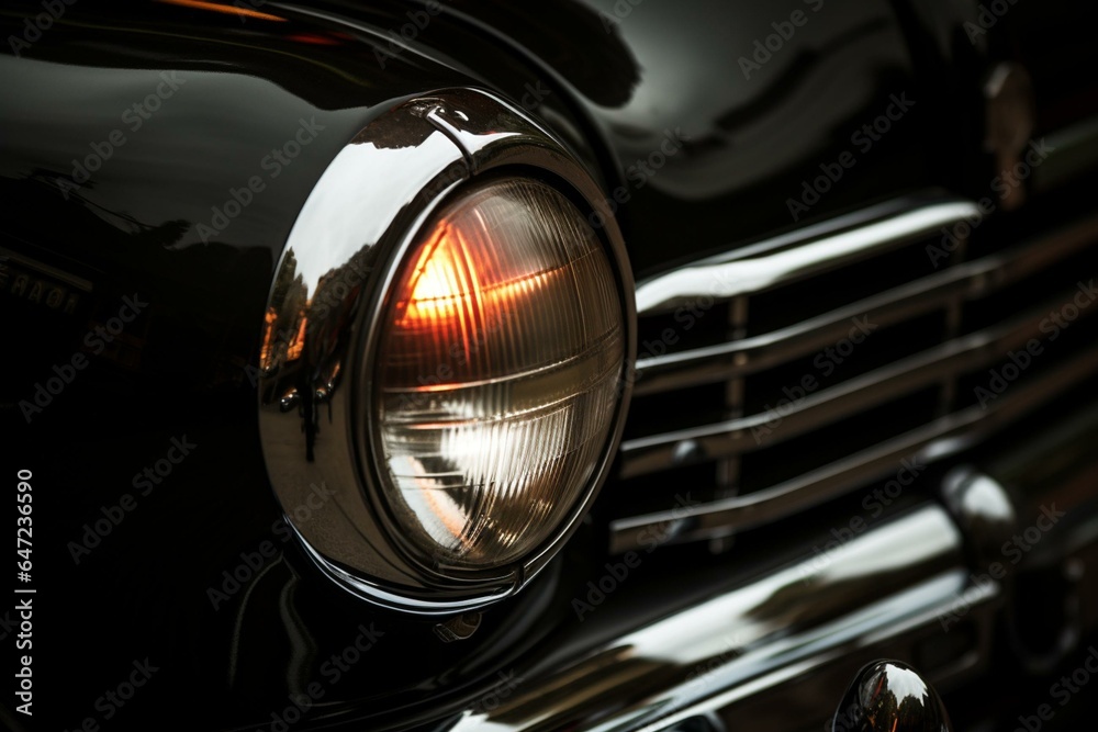 A detailed view of a dark car's headlights, brightly lit by streetlights against a neutral background. Generative AI