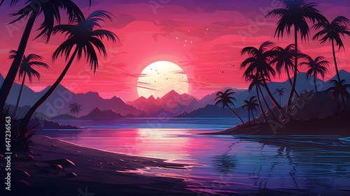 moonrise in a tropical landscape with sand and palm trees  in the style of retrowave  romantic riverscapes  dark crimson and light azure