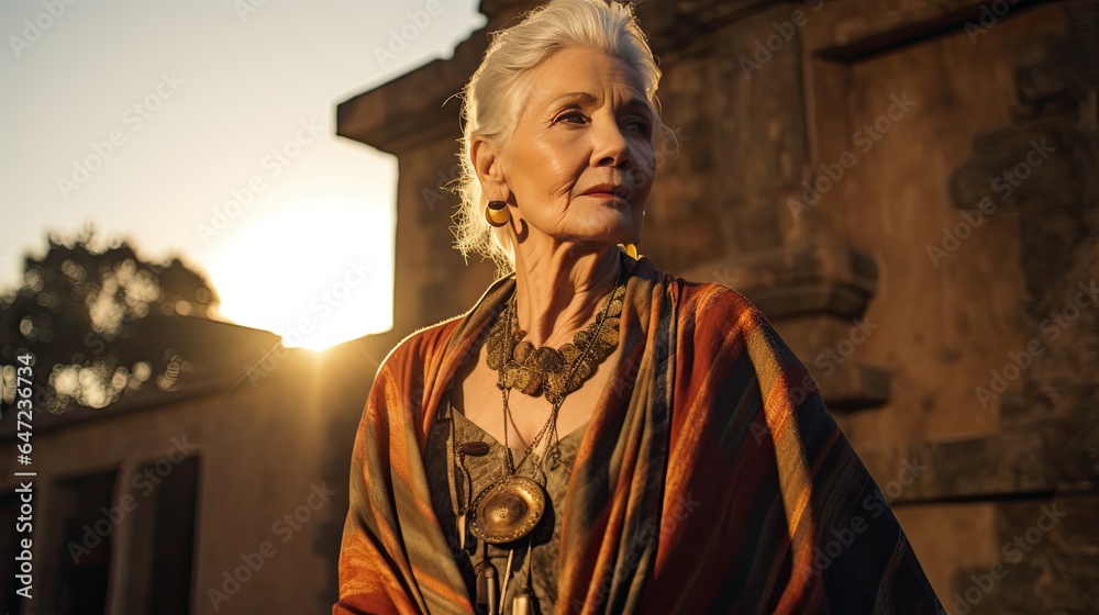Naklejka premium Aging woman with an aura of wisdom, set against ancient ruins
