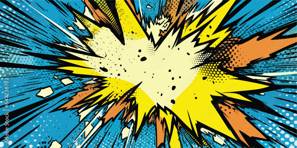 Fototapeta premium Set of vintage retro comics cartoon book cover sunburst boom explosion boom. Can be used for graphic design or illustration. Graphics style