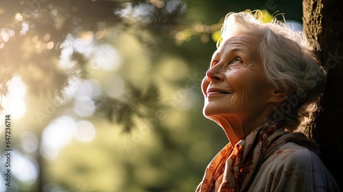 Aging woman with a nostalgic smile, framed by arching trees, set in a quiet forest