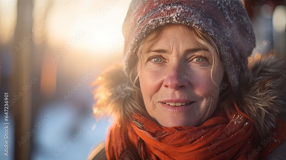 Mature woman with eyes sparkling, set amidst a snowy landscape Mature woman with eyes sparkling, set amidst a snowy landscape