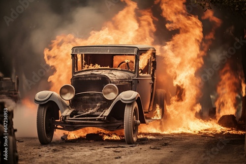 Vintage vehicle engulfed in chaotic flames. Generative AI