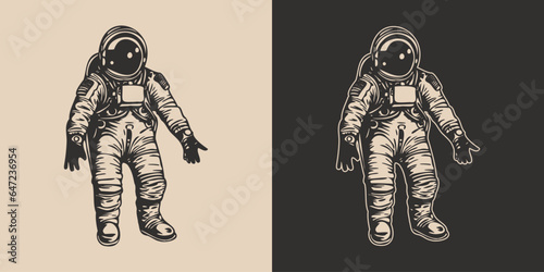 Set of vintage retro astronaut nasa future space adventure explore. Galaxy science trip. Graphic Art. Vector.