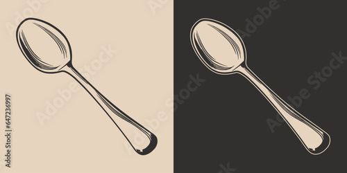 Set of vintage spoons steel metal. Can be used for restaurant food menu emblem logo. Graphic Art. Vector. Hand drawn element in engraving