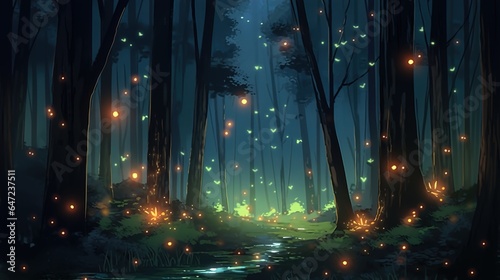 The forest at night often comes alive with the enchanting presence of glowing fireflies. These bioluminescent insects light up the darkness with their soft  flickering lights  creating a mesmerizing s