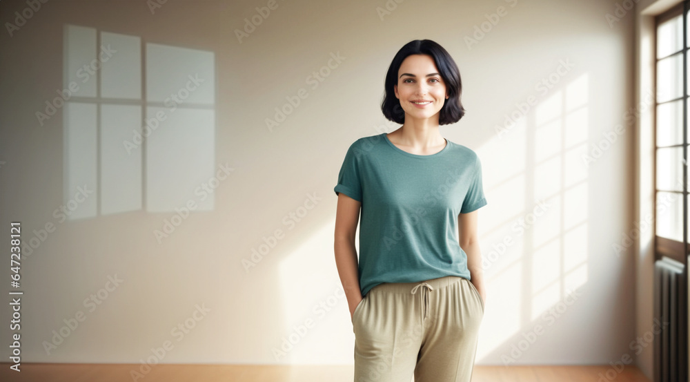 immagine primo piano di giovane affascinante donna, spazio luminoso, luce diurna, sguardo verso l'osservatore immagine primo piano di giovane affascinante donna, spazio luminoso, luce diurna, sguardo verso l'osservatore