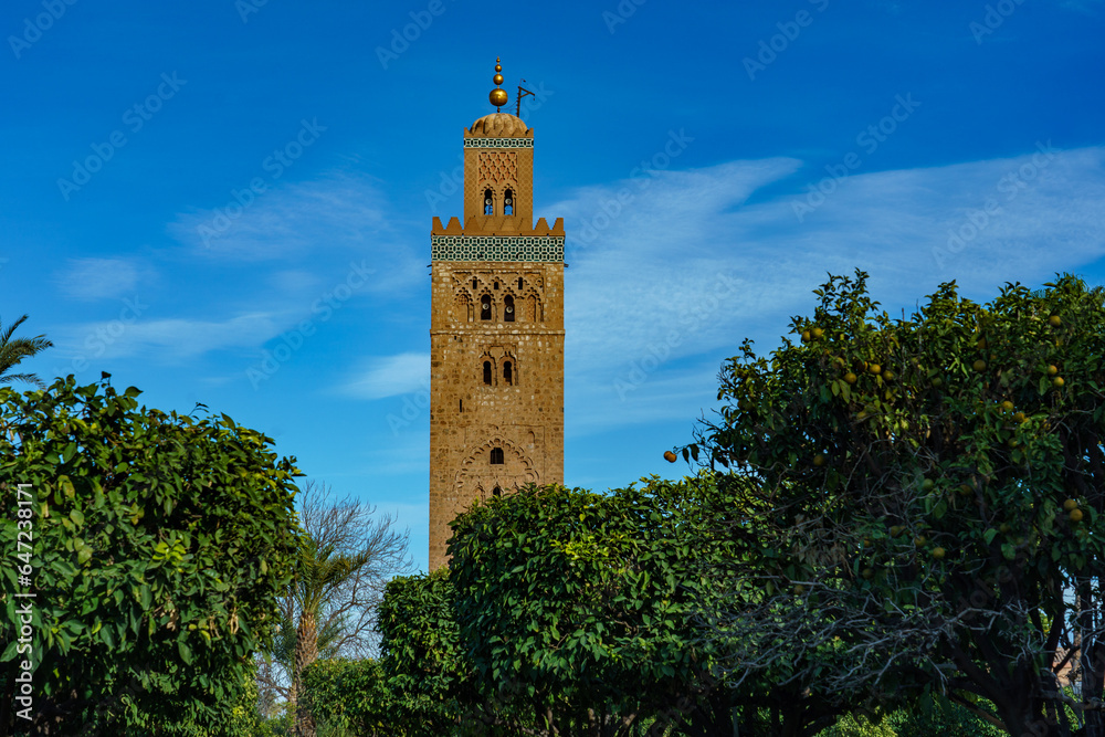 Morocco. Marrakesh. The minaret of the Koutoubia mosque with gardens