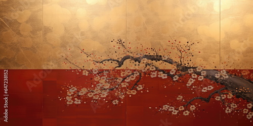 Plum or cherry blossoms in Japanese painting style. Lacquer painting on gold foiled paper,  photo