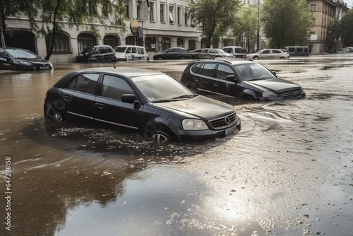 Cars submerged on city streets after heavy rain. Water damage to engine, transmission, and more. Insurance claim theme. Concept of severe weather. Generative AI © Cirilla