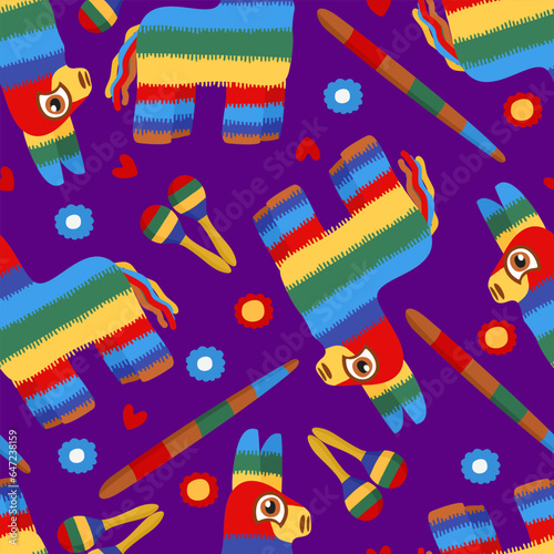 Vector bright sramless pattern with colorful pinatas and maracas on purple background.
