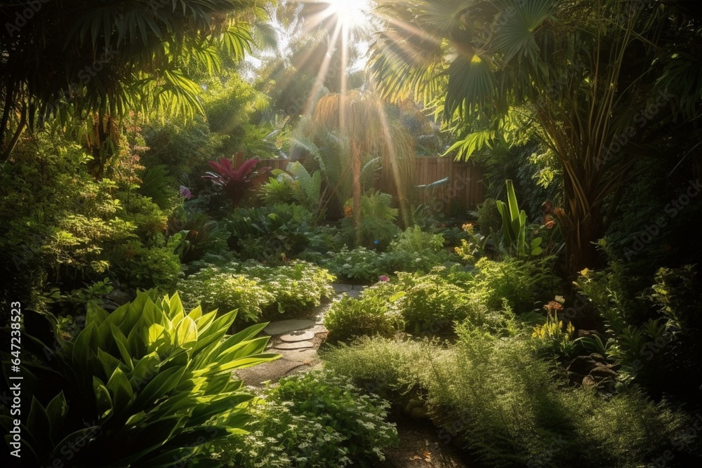 Bright sunlight filters through lush foliage in a captivating garden. Generative AI