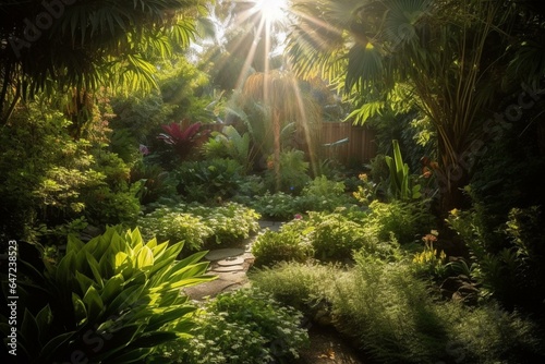 Bright sunlight filters through lush foliage in a captivating garden. Generative AI