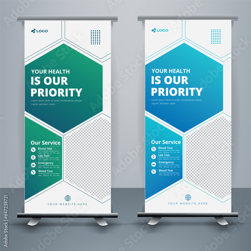 Modern healthcare and medical roll up design for hospital doctor clinic dental. standing banner template decoration for exhibition, printing, presentation, elegant layout.