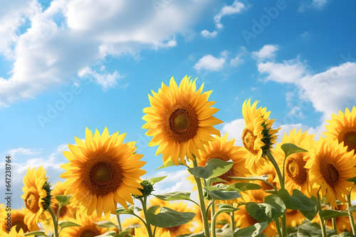 close up sunflowers in the field with blue sky. Beautiful landscape with sunflower field over cloudy blue sky and bright sun lights