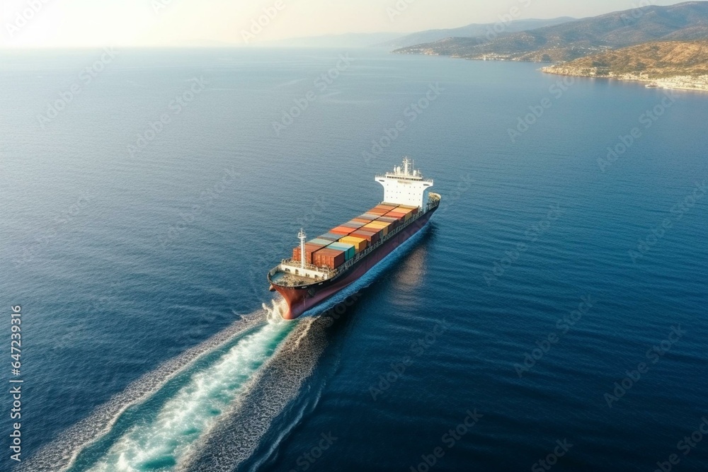Aerial photo of vibrant commercial ship sailing on Aegean Sea with spacious vehicle-sized cargo. Generative AI