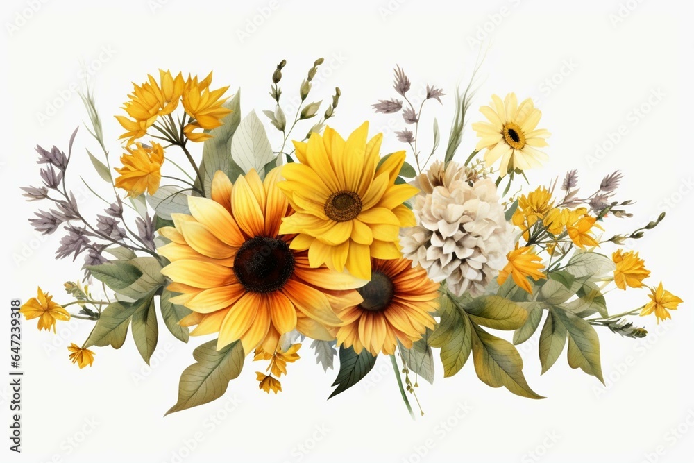 Arrangement of sunflowers, daisies, and knapweeds on a white or transparent background. Generative AI - obrazy, fototapety, plakaty 