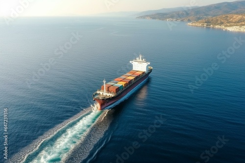 Aerial photo of vibrant commercial ship sailing on Aegean Sea with spacious vehicle-sized cargo. Generative AI