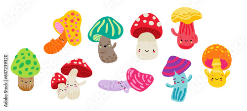 Cute mushrooms characters. Forest wild fungus in cartoon style. Vector drawing. Collection of design elements.