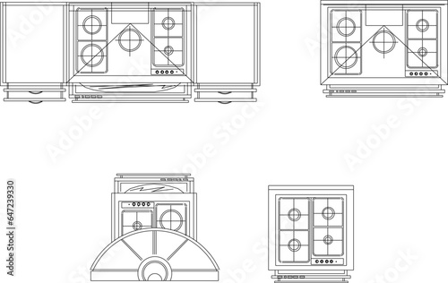 Vector sketch illustration of architectural design for kitchen set stove design