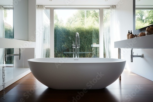 Contemporary indoor space featuring a stylish bathtub. Generative AI © Ramin