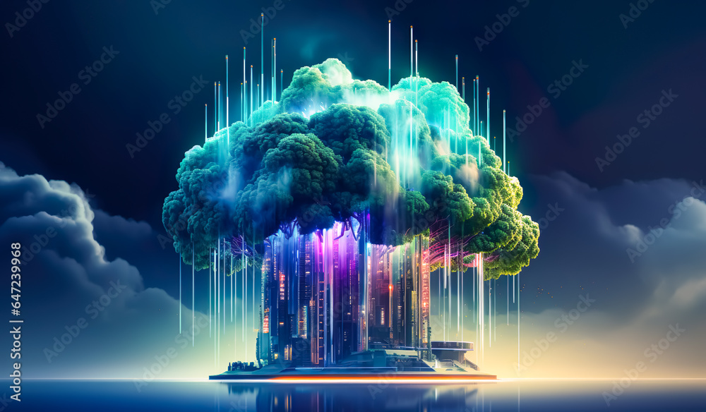  cloud technology or data center storage system with green renewable energy.clean electric power.smart ecosystem background. innovation nature networks.science microbiology research - obrazy, fototapety, plakaty 