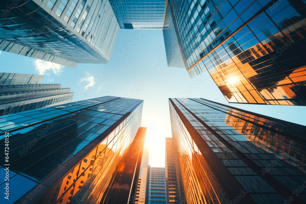 View from ground level up of corporate skyscrapers and sunshine above ...