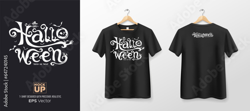 Black t shirt front and back mockup collections, halloween text design template design, EPS10 Vector illustration.
