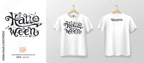 White t shirt front and back mockup collections, halloween text design template design, EPS10 Vector illustration.
