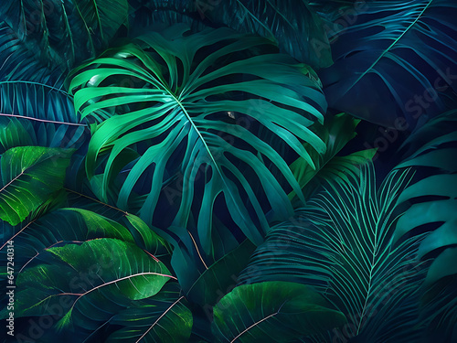 Tropical leaf forest glow in the dark background AI Generated