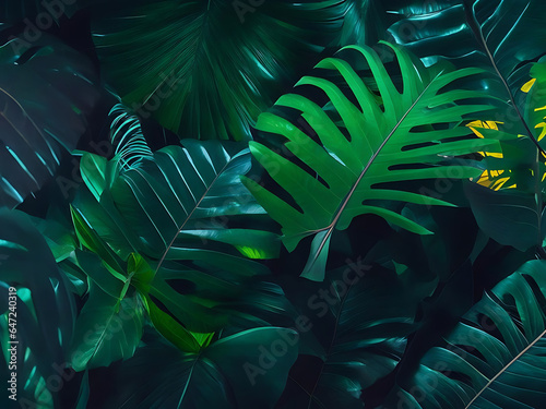 Tropical leaf forest glow in the dark background AI Generated