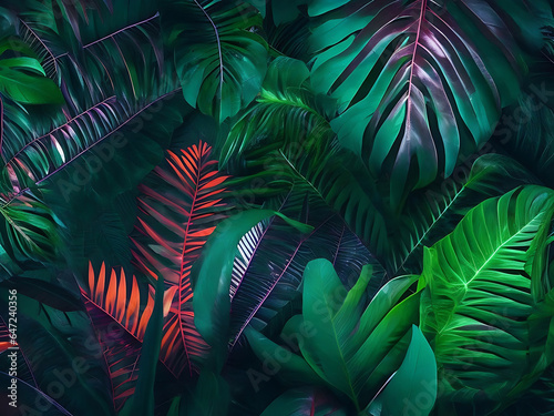 Tropical leaf forest glow in the dark background AI Generated