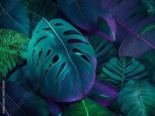 Tropical leaf forest glow in the dark background AI Generated