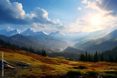 mountain landscape autumn view with sun rays. the beautiful landscape of mountains under the clouds © Rangga Bimantara
