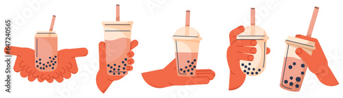 MILK TEA cup with hands sticker set beige background vector. BUBBLE TEA label. Vector illustration