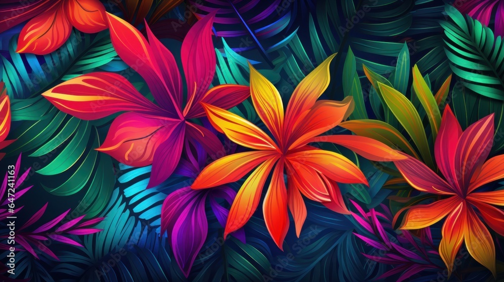 A vibrant tropical backdrop adorned with lush rainforest flora. A vector pattern featuring tropical palm fronds A vibrant tropical backdrop adorned with lush rainforest flora. A vector pattern featuring tropical palm fronds