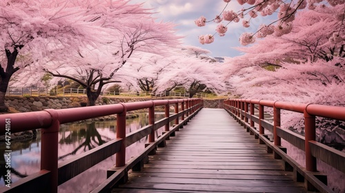 Gorgeous pink cherry blossoms in full bloom adorn the surroundings of a wooden bridge within a Japanese park. This picturesque scene captures the essence of spring in the Japanese countryside.