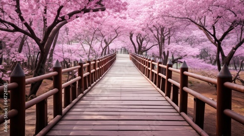 Gorgeous pink cherry blossoms in full bloom adorn the surroundings of a wooden bridge within a Japanese park. This picturesque scene captures the essence of spring in the Japanese countryside. © Chingiz