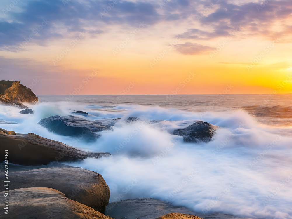 Waves and rocks on beach of sunset AI Generated