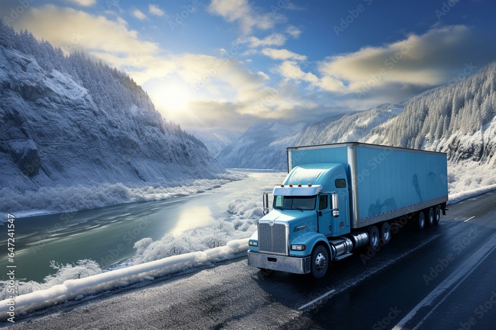Impressive, blue truck carries frozen cargo in a refrigerated trailer on a wide highway through Columbia Gorge area. Generative AI - obrazy, fototapety, plakaty 