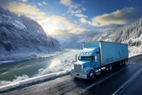 Impressive, blue truck carries frozen cargo in a refrigerated trailer on a wide highway through Columbia Gorge area. Generative AI