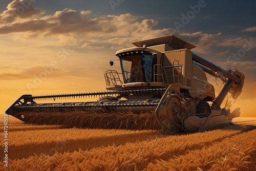 A contemporary harvester operating on a wheat field. Generative AI