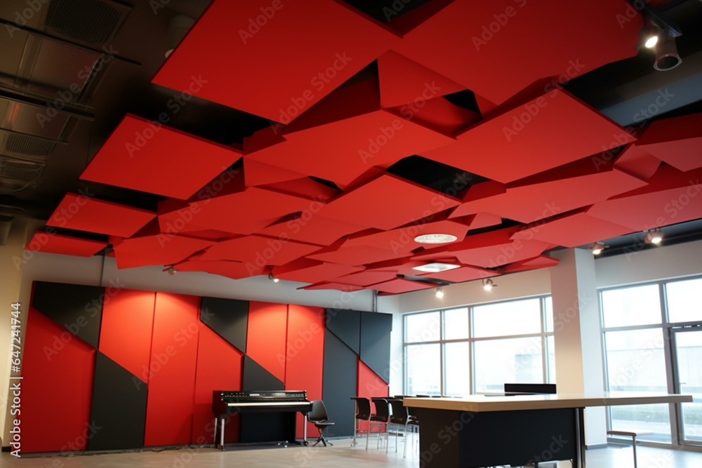 Acoustic insulation panels on ceiling. Generative AI - obrazy, fototapety, plakaty 