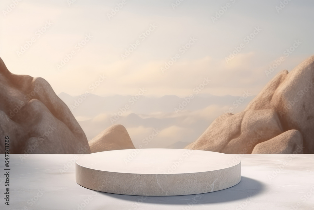 White marble podium mockup with sky and mountain view on background White marble podium mockup with sky and mountain view on background